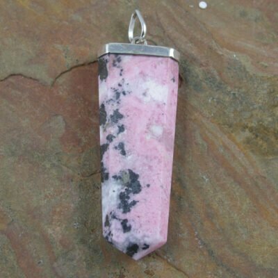 Sterling Silver Capped Flat Six Sided Rhodonite Point Pendant