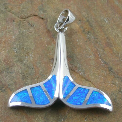Sterling Silver Synthetic Opal Whale Tail Pendant