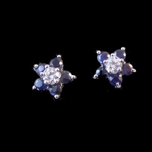 Sterling Silver Sapphire And CZ Flower Earrings